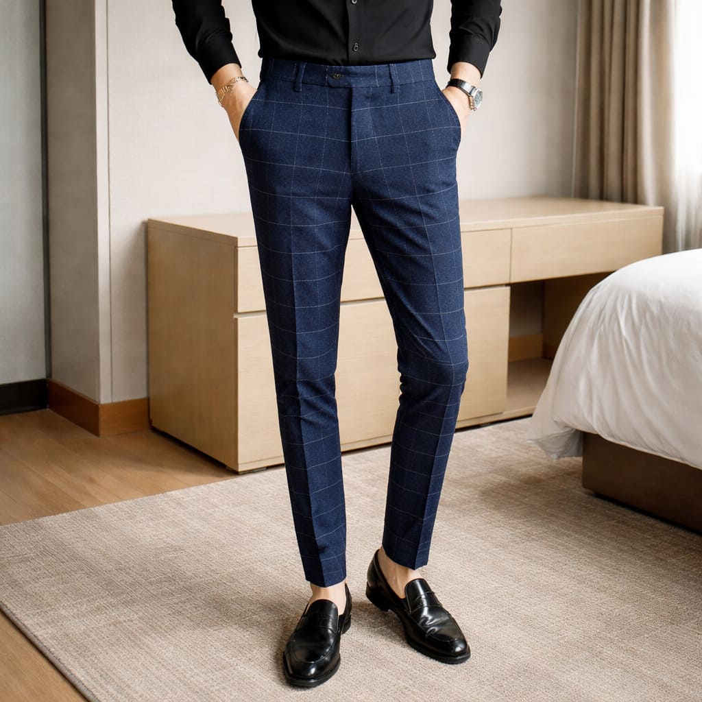 Calças de Fato Slim com Padrão Xadrez