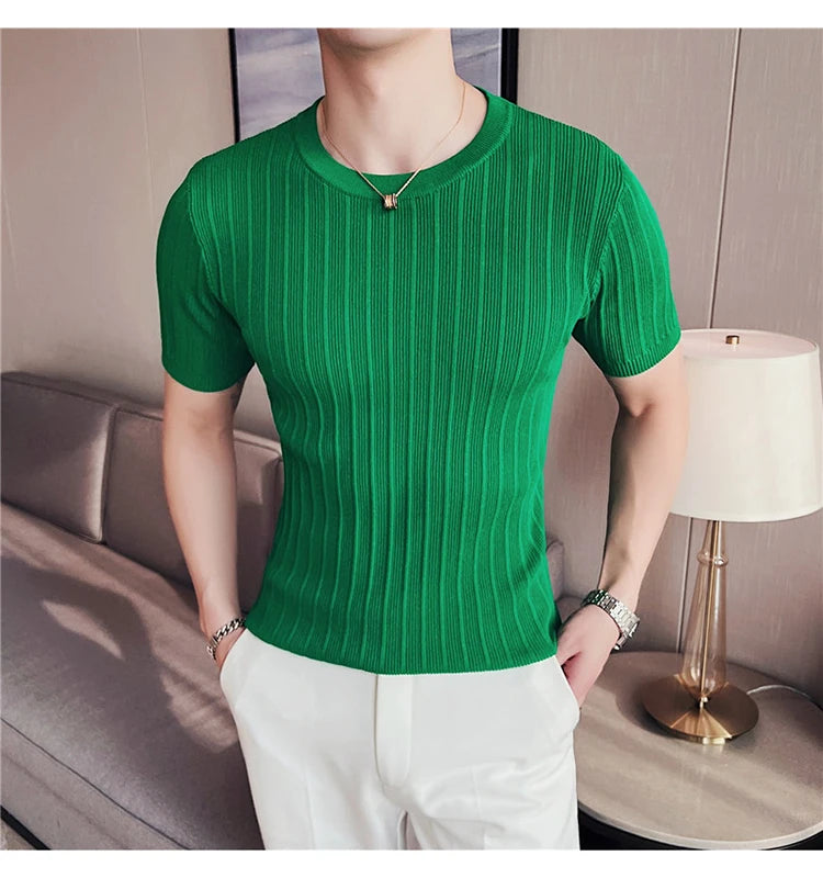 T-shirt de Malha às Riscas com Gola Semi-Alta - Vyeto