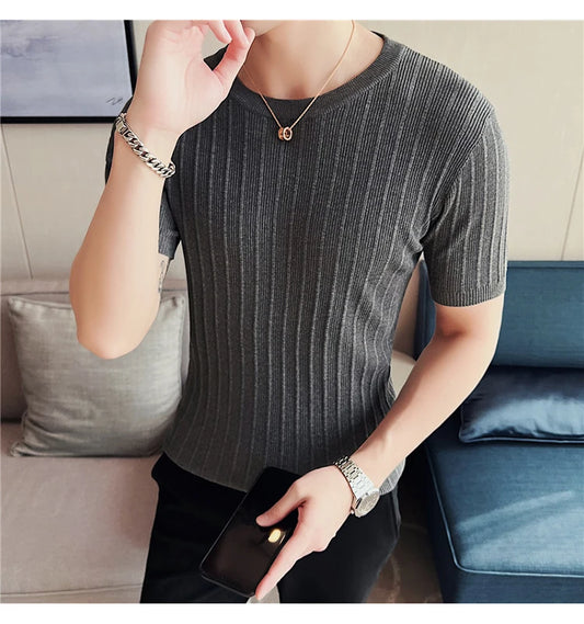 T-shirt de Malha às Riscas com Gola Semi-Alta - Vyeto